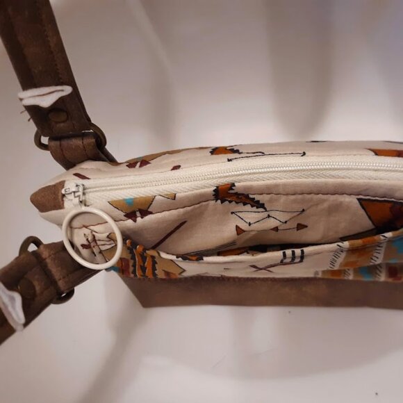 New Vinyl Double handle Shoulder Satchel Bag Purse Brown Aqua Southwestern print - Picture 10 of 12